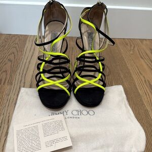 Jimmy Choo Neon Yellow and Black Strappy Heels